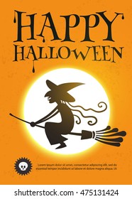 Halloween Party Design Template. Spooky Poster with Flying Witch, Moon and Place for Text. Vector illustration