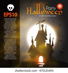 Halloween Party Design Template. Spooky Poster with Dangerous Haunted House and Place for Text. Vector illustration