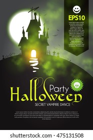 Halloween Party Design Template. Spooky Poster with Dangerous Haunted House and Place for Text. Vector illustration