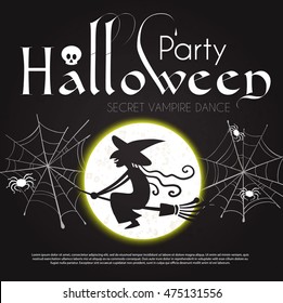 Halloween Party Design Template. Spooky Poster with Flying Witch, Moon, Spider, Cobweb and Place for Text. Vector illustration