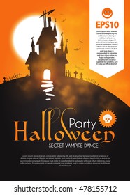 Halloween Party Design Template. Spooky Poster with Dangerous Haunted House and Place for Text. Vector illustration