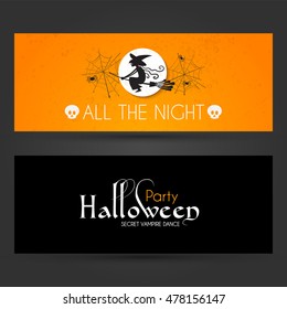 Halloween Party Design Template. Spooky Flyer Set with Flying Witch, Moon, Spider, Cobweb and Place for Text. Vector illustration