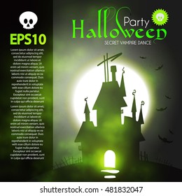 Halloween Party Design Template. Spooky Poster with Dangerous Haunted House and Place for Text. Vector illustration