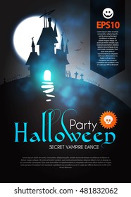 Halloween Party Design Template. Spooky Poster with Dangerous Haunted House and Place for Text. Vector illustration