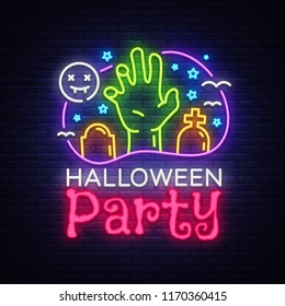 Halloween Party design template vector. Halloween greeting card, Light banner, neon style, night bright advertising. Zombie hand. Vector illustration