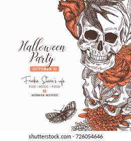 Halloween party design template. Vintage floral anatomy background. Vector illustration