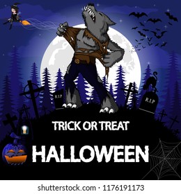 Halloween Party Design template with werewolf, witch, pumpkin and lamp.