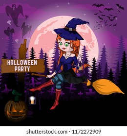 Halloween Party Design template, with witch,  pumpkin and lamp