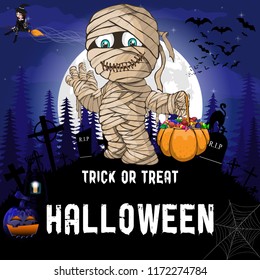 Halloween Party Design template, with witch, mummy,  pumpkin and lamp.