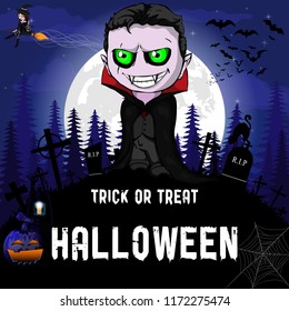 Halloween Party Design template, with witch, vampire,  pumpkin and lamp.