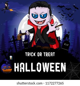 Halloween Party Design template, with witch, vampire,  pumpkin and lamp.