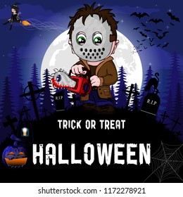 Halloween Party Design template, with witch, serial killer with mask,  pumpkin and lamp