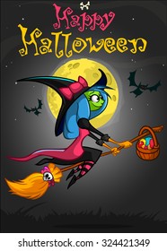 Halloween Party Design template, with witch girl on a broom. Vector