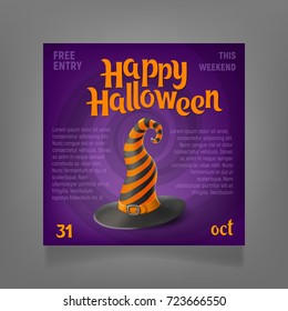 Halloween Party Design template, with wizard's hat on violet background.