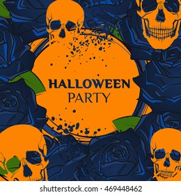 Halloween Party Design template with wreath of roses and skulls.