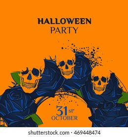 Halloween Party Design template with wreath of roses and skulls.