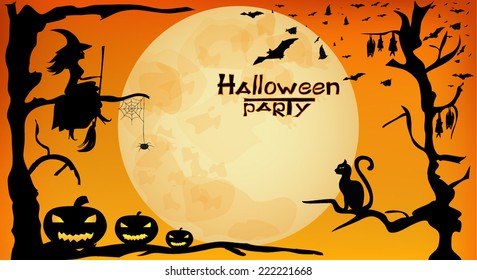 Halloween party design - witch, pumpkins, spider and bats on orange moon background