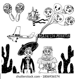 Halloween party. Dia de los muertos. Calavera Catharina. Mexican sugar skull. Skeleton sits playing maracas on all saints day death. Vector doodle skull icon for cards, posters, stickers and