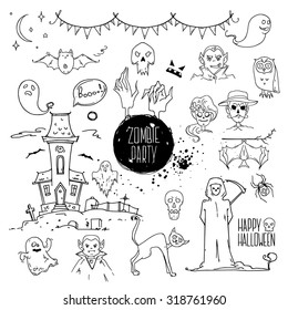 Halloween party doodles. Hand drawn ink illustrations. Design elements for invitation cards, banners, party flyer template: scytheman, ghosts, bat, zombie hands. Isolated vector on white.