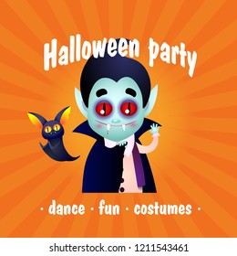 Halloween party with Dracula and cute bat orange poster. Creative lettering with Dracula and black cute bat. Can be used for invitations, postcards, banners