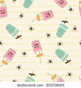 Halloween Party Drinks with Creepy Face Stickers Vector Seamless Pattern