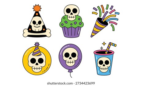Halloween party drinks set, skull cupcakes, bubbling potion cups, striped straws, confetti burst, spooky bar menu elements, celebration vector