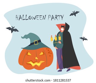 Halloween Party during Coronavirus.Man in Costume having Fun at Halloween Party with Halloween Pumpkin during Quarantine.Dressed as Vampire in Medical Mask.Flat Vector Illustration