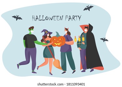 Halloween Party during Coronavirus.People in Costumes having Fun at Halloween Party with Halloween Pumpkin during Quarantine.Dressed as Witch,Vampire,Zombie in Medical Masks.Flat Vector Illustration