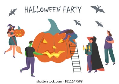 Halloween Party during Coronavirus.People in Costumes having Fun at Halloween Party with Halloween Pumpkin during Quarantine.Dressed as Witch,Vampire,Zombie in Medical Masks.Flat Vector Illustration