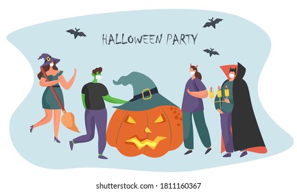 Halloween Party during Coronavirus.People in Costumes having Fun at Halloween Party with Halloween Pumpkin during Quarantine.Dressed as Witch,Vampire,Zombie in Medical Masks.Flat Vector Illustration