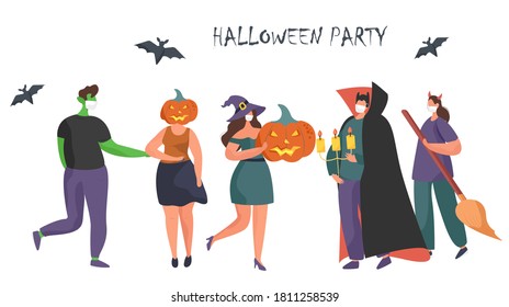 Halloween Party during Coronavirus.People in Costumes having Fun at Halloween Party with Halloween Pumpkin during Quarantine.Dressed as Witch,Vampire,Zombie in Medical Masks.Flat Vector Illustration