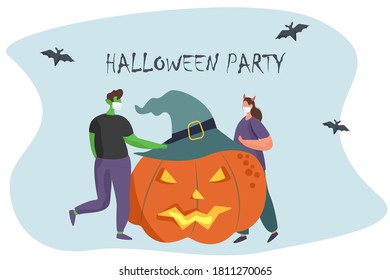 Halloween Party during Coronavirus.People in Costumes having Fun at Halloween Party with Halloween Pumpkin during Quarantine.Dressed as Witch,Vampire,Zombie in Medical Masks.Flat Vector Illustration