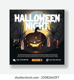 Plantilla editable de fiesta de Halloween para publicaciones de redes sociales Anuncio, truco o regalo flyer con calabazas aterradoras Halloween fondo espeluznante Anuncio de Sitio web Plantilla diseño