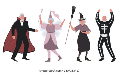 Halloween party. Elderly people in Halloween costumes are dancing and having fun. There is a witch, a vampire, a fairy and a skeleton in the image. Vector illustration