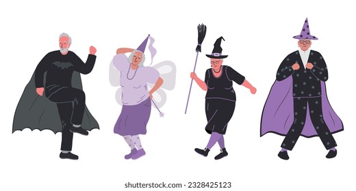 Halloween party. Elderly people in Halloween costumes are dancing. Positive active seniors. Vector illustration.