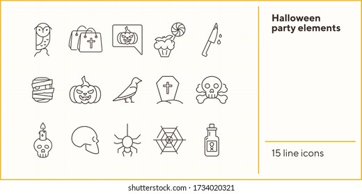 Halloween party elements icons. Skull, ghost, crow. Halloween concept. Vector illustration can be used for topics like holiday, festivals, celebration
