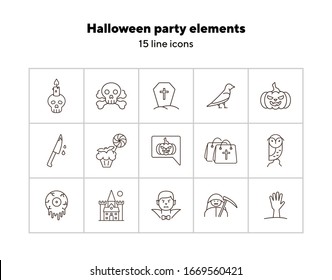 Halloween party elements line icons. Cut hand, skull with crossed bones, Dracula. Halloween concept. Vector illustration can be used for topics like holiday, festivals, celebration