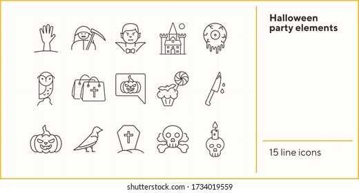 Halloween party elements line icons. Cut hand, skull with crossed bones, Dracula. Halloween concept. Vector illustration can be used for topics like holiday, festivals, celebration