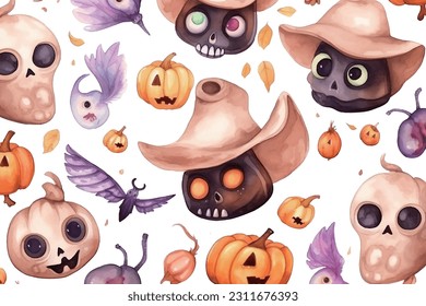 Halloween party elements pattern border, pumpkin watercolor Clipart, decorative elements