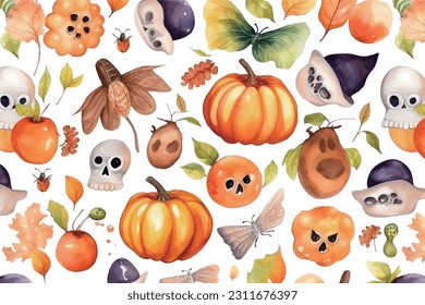 Halloween party elements pattern border, pumpkin watercolor Clipart, decorative elements