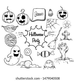 Halloween Party Elements Set With Hand Drawn or Sketchy Style