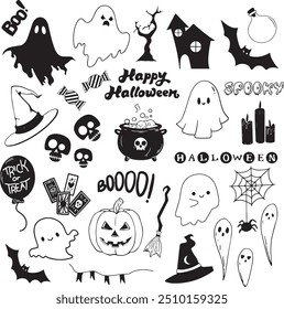 Halloween party elements sticker pack. Witch craft scrapbook, skull, ghost, spooky, boo, candy, pumpkin, witch hat, web, bat