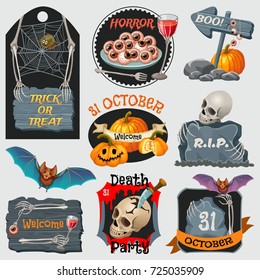 Halloween party emblems with wooden signboards, skull, and bat for invitation cards and posters, covers, banners, applications, games. 