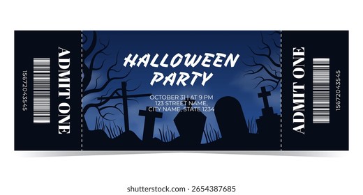 Halloween party entry ticket template with grave, trees, bat flat style dark blue black background. Design for coupon, voucher, admission, badge, label. Admit one. Vector illustration