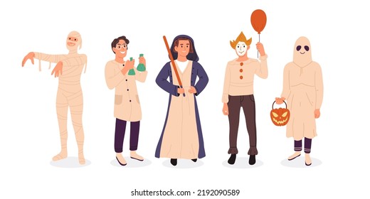 Halloween-Partys, Mummy, Clown und Ghost Cartoon-Figuren. Menschen mit Maskenkostümen, unheimlichen Feiertagskostümen und flachen Illustrationen. Probieren oder behandeln Sie Maskaden