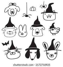 Halloween party. Faces of cute animals. Dog, rabbit, cat wearing witch hats. Outline vector icons on white background.