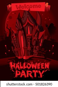 halloween party. fancy red castle. vector illustration