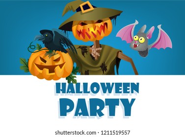 Halloween party festive banner design. Pumpkin scarecrow, black raven and cute bat on blue background. Template can be used for flyers, posters, invitation cards