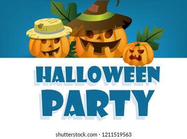 Halloween party festive banner design. Pumpkin lanterns company on blue background. Template can be used for flyers, posters, invitation cards