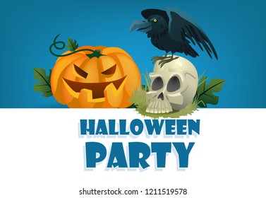 Halloween party festive banner design. Pumpkin, black raven and skull on blue background. Template can be used for flyers, posters, invitation cards